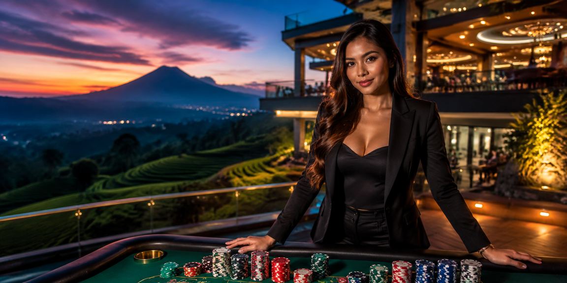 Model perempuan Vietnam berpose di depan layar casino dengan senyum percaya diri