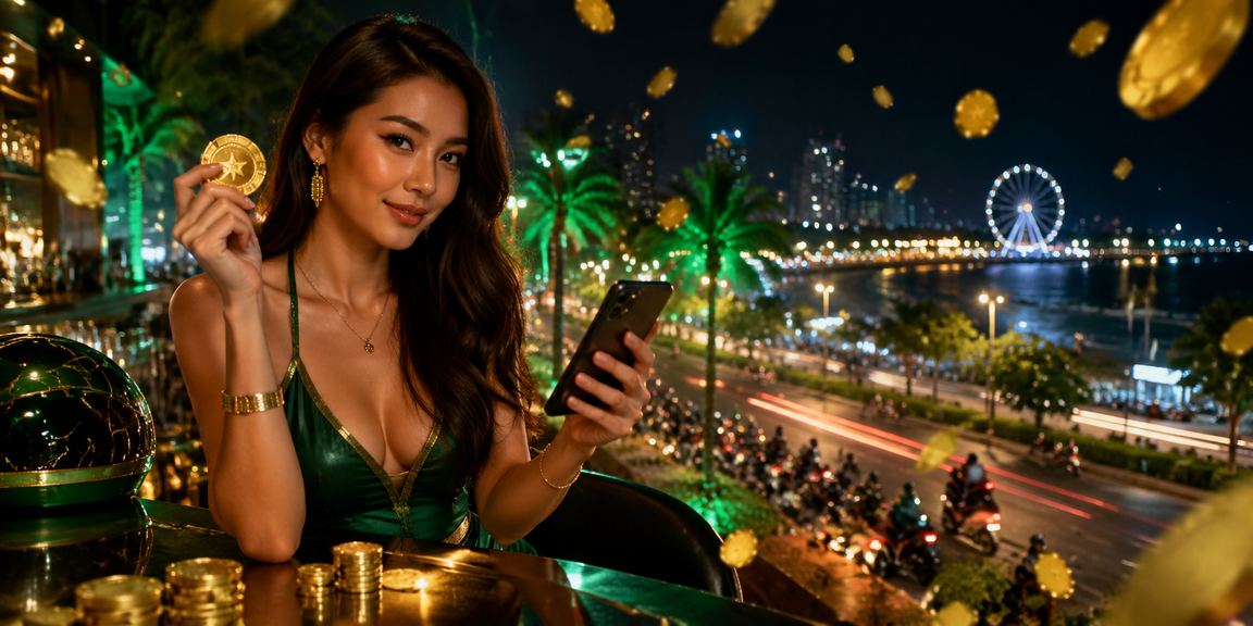 Pengguna ponsel mengakses casino online di tepi pantai Vietnam